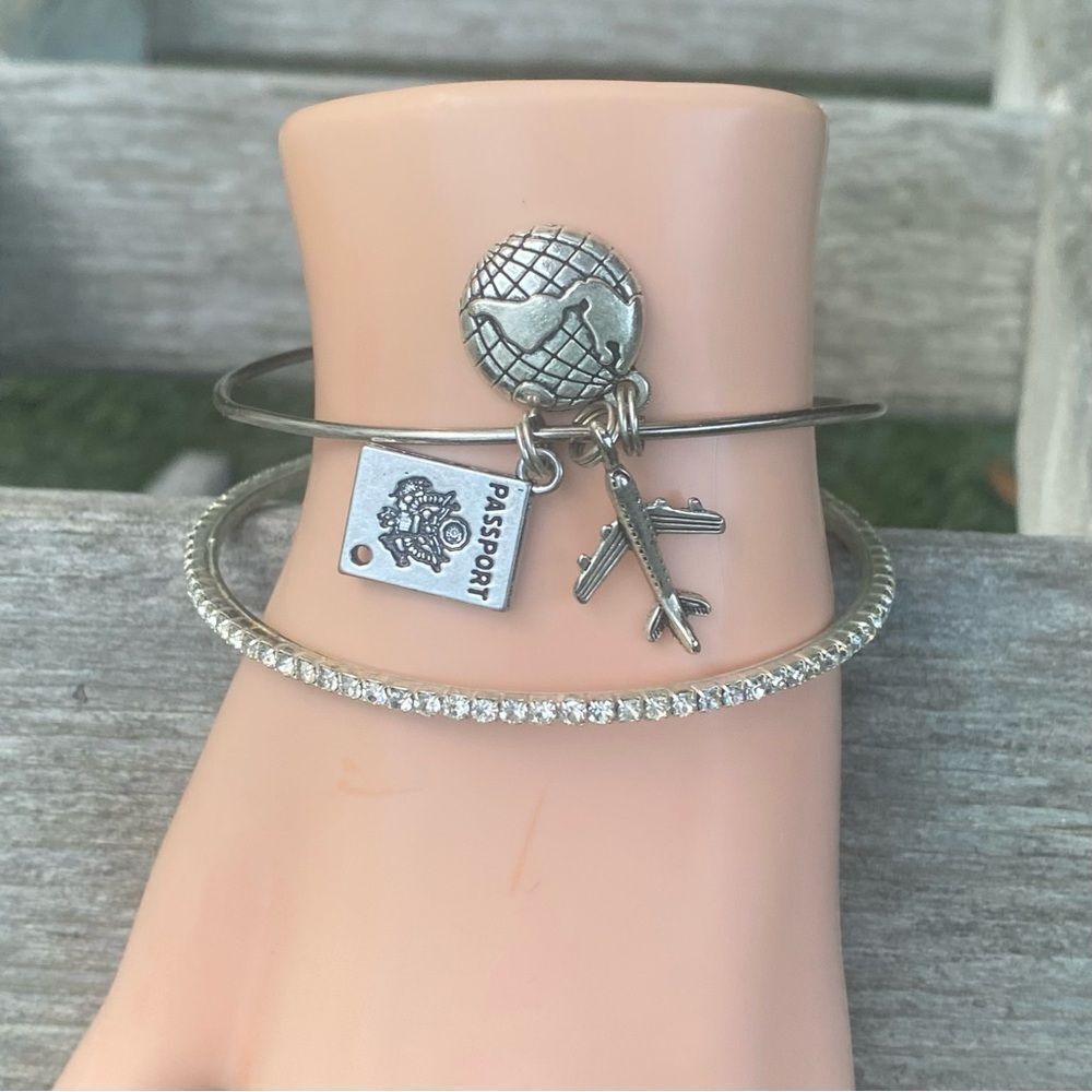 Two Silver Bracelet Set Travel Charm & Rhinestone Bangle Airplane Globe Passport